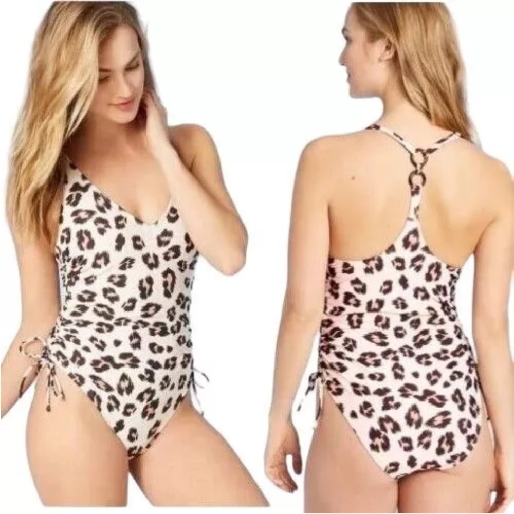 Kona Sol Leopard One Piece Swimsuit Size Medium Womens Tortoise‎ Ring Cinch Side